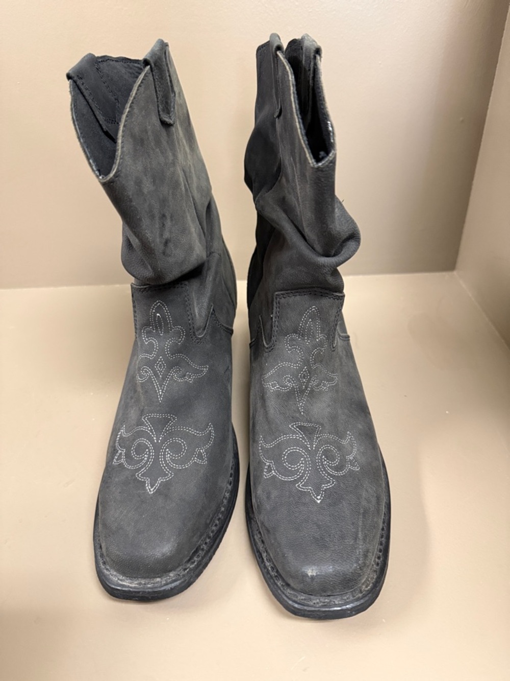 Charcoal Grey Western Slouch Suede Leather Ankle Boots, Square Toe, Stitching